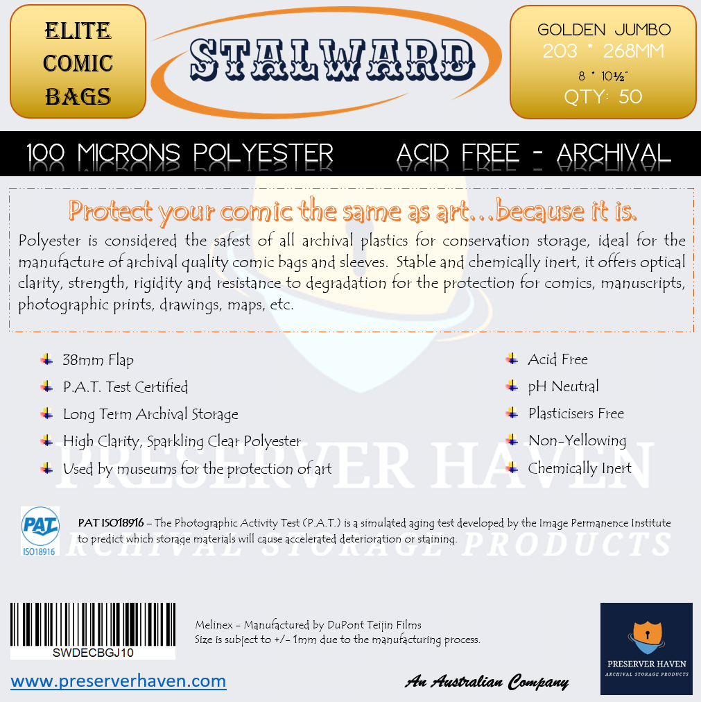 Stalward Elite Polyester Comic Bags – Golden Jumbo 50